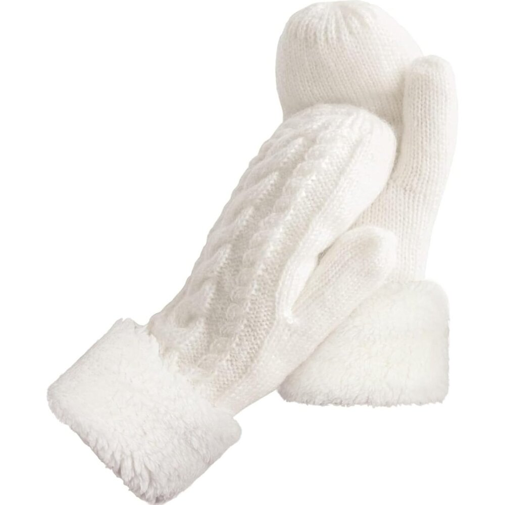 Women's White Cozy Lining Knitted Winter Warm Cold Weather Mittens Gloves
